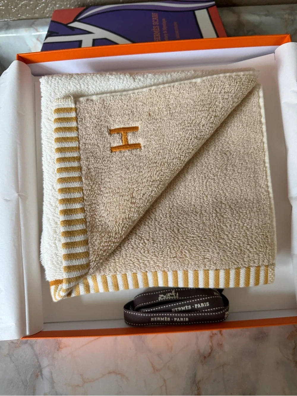 Hermes Cream and Orange Reversible Stripe Hand Towel with Embroidered H